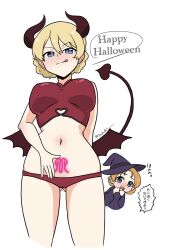 Rule 34 | 2girls, :q, blonde hair, blue dress, blue eyes, blush, braid, breasts, closed mouth, clothing cutout, commentary, cowboy shot, cropped legs, cropped torso, darjeeling (girls und panzer), demon horns, demon tail, demon wings, dress, girls und panzer, gluteal fold, half-closed eyes, halloween, halloween costume, hand on own stomach, happy halloween, hat, heart cutout, highres, horns, large breasts, licking lips, long sleeves, looking at another, looking at viewer, low wings, lowleg, lowleg panties, multiple girls, navel, orange hair, orange pekoe (girls und panzer), panties, peeking out, pubic tattoo, red panties, red shirt, sazukichi, shirt, short hair, sleeveless, sleeveless shirt, smile, standing, symbol-only commentary, tail, tattoo, tongue, tongue out, translated, twin braids, twitter username, underwear, wings, witch hat
