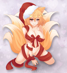 Rule 34 | 1girl, alternate headwear, animal ears, arm support, artist name, blonde hair, blush, breasts, brown eyes, cleavage, commentary, drop shadow, eyelashes, eyeshadow, fox ears, fox tail, grey background, grin, hair between eyes, hand on own chest, hand up, hat, heart, heart background, kneeling, large breasts, looking at viewer, makeup, multiple tails, nail polish, naked ribbon, navel, nude, red hat, red nails, red ribbon, ribbon, santa hat, short hair, smile, solo, stomach, tail, thighs, touhou, yakumo ran, yulynn-chan