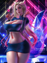 Rule 34 | 1girl, ahri (league of legends), animal ears, arm tattoo, blonde hair, blue eyes, blue eyeshadow, blue skirt, breasts, cleavage cutout, clothing cutout, commentary, covered erect nipples, cowboy shot, crop top, curvy, english commentary, eyeshadow, heart, k/da (league of legends), k/da ahri, large breasts, league of legends, lolliedrop, long hair, looking away, makeup, midriff, miniskirt, navel, parted lips, red lips, sakimichan (style), signature, skirt, solo, tattoo, the baddest ahri, thick thighs, thighs, very long hair, watermark, web address