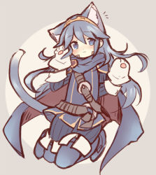Rule 34 | 1girl, :3, animal ears, animal hands, bad id, bad pixiv id, blue eyes, blue hair, blush, cape, cat ears, cat paws, cat tail, fire emblem, fire emblem awakening, long hair, lucina (fire emblem), matching hair/eyes, nintendo, solo, tail, teu (navy), tiara