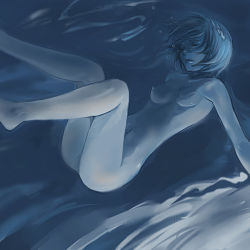 Rule 34 | 1girl, asphyxiation, ayanami rei, bad id, bad pixiv id, barefoot, blue theme, breasts, drowning, female focus, interface headset, kno, kno (anahita), medium breasts, monochrome, neon genesis evangelion, nipples, nude, perky breasts, solo, underwater