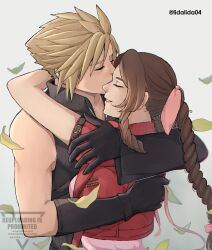 1boy 1girl aerith_gainsborough arms_around_neck black_gloves black_sleeves black_vest blonde_hair braid braided_ponytail breasts brown_hair closed_eyes cloud_strife couple cropped_jacket dress falling_petals final_fantasy final_fantasy_vii final_fantasy_vii_advent_children final_fantasy_vii_rebirth final_fantasy_vii_remake gloves hair_ribbon hetero highres hug jacket lida_(lidalida04) long_hair medium_breasts parted_bangs parted_lips petals pink_dress pink_ribbon popped_collar red_jacket ribbon short_hair short_sleeves sidelocks single_bare_shoulder single_braid single_sleeve smile spiked_hair twitter_username upper_body vest yellow_petals