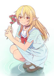 Rule 34 | 1girl, black collar, blonde hair, blue shirt, blue skirt, bow, bowtie, brown footwear, closed mouth, collar, collarbone, dark-skinned female, dark skin, flower, full body, hair between eyes, highres, holding, holding flower, hololive, loafers, long hair, looking at viewer, miniskirt, multicolored hair, pointy ears, red bow, red bowtie, red eyes, red flower, sailor collar, sailor shirt, shiranui flare, shirt, shiwasu takashi, shoes, short sleeves, simple background, skirt, smile, solo, squatting, straight hair, streaked hair, virtual youtuber, white background, white sailor collar
