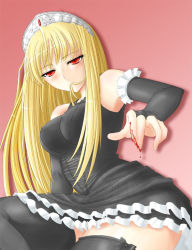 Rule 34 | 00s, black dress, blonde hair, blood, dress, elbow gloves, gloves, hime (kaibutsu oujo), iganseijin, kaibutsu oujo, long hair, red eyes, solo, thighhighs