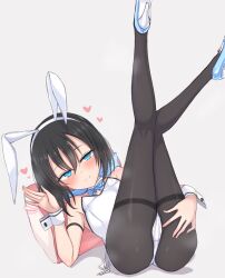 Rule 34 | 1girl, animal ears, ass, bare shoulders, black hair, black pantyhose, blue bow, blue eyes, blue footwear, blush, bow, breasts, closed mouth, collar, commentary request, detached collar, fake animal ears, feet out of frame, grey background, hair between eyes, hairband, hand up, high heels, layla (mino), legs up, leotard, looking at viewer, lying, nonono (mino), on back, original, pantyhose, pillow, playboy bunny, rabbit ears, ringed eyes, shoe soles, simple background, small breasts, smile, solo, strapless, strapless leotard, thighband pantyhose, white collar, white hairband, white leotard, wrist cuffs