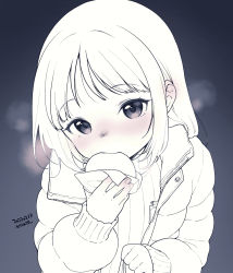 Rule 34 | 1girl, baozi, blush, check copyright, copyright request, dated, dumpling, eating, food, food in mouth, gradient background, greyscale, holding, holding food, jacket, kanya pyi, long hair, looking at viewer, monochrome, nose blush, open clothes, open jacket, original, ribbed sweater, solo, steam, sweater, winter clothes