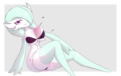 Rule 34 | 1girl, absurdres, alternate color, alternate eye color, aqua hair, aqua skin, aqua thighhighs, black bra, black panties, bob cut, border, bra, breasts, closed mouth, collared dress, colored skin, creatures (company), dress, fancyplanks, female focus, full body, game freak, gardevoir, gen 3 pokemon, grey background, hair over one eye, half-closed eyes, hand on own knee, happy, highres, knee up, large breasts, leaning back, looking at viewer, medium hair, multicolored skin, nintendo, one eye covered, open clothes, open dress, outside border, panties, pokemon, pokemon (creature), popped button, purple eyes, shiny pokemon, short dress, short sleeves, simple background, sitting, skindentation, smile, solo, split mouth, thighhighs, two-tone skin, undersized clothes, underwear, white border, white dress, white skin