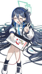Rule 34 | 1girl, absurdres, aris (blue archive), black hair, blue archive, closed eyes, highres, jacket, long hair, mahousho, necktie, open clothes, open jacket, open mouth, shirt, simple background, sitting, smile, solo, white shirt