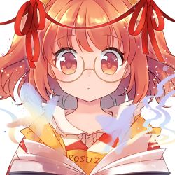 Rule 34 | 1girl, apron, bespectacled, book, bug, butterfly, character name, checkered clothes, checkered kimono, clothes writing, commentary request, glasses, insect, japanese clothes, kimono, light particles, looking at viewer, lowres, motoori kosuzu, orange eyes, orange hair, portrait, red ribbon, ribbon, round eyewear, sen1986, shirt, short hair, simple background, solo, touhou, two side up, white background, white shirt, yellow apron