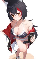 Rule 34 | 1girl, absurdres, animal ear fluff, animal ears, argule0901, bikini, black choker, black hair, breasts, brown eyes, choker, cleavage, closed mouth, collarbone, from above, highres, hololive, jacket, large breasts, long hair, looking at viewer, multicolored hair, off shoulder, ookami mio, open clothes, open jacket, red hair, sandals, smile, solo, streaked hair, swimsuit, virtual youtuber, white hair, wolf ears, wolf girl