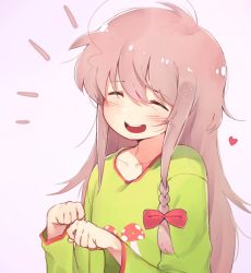 Rule 34 | 1girl, ahoge, blush, bow, braid, closed eyes, commentary, english commentary, green shirt, hair between eyes, hair bow, heart, hoshi syoko, idolmaster, idolmaster cinderella girls, long hair, long sleeves, mg pong, open mouth, pink background, red bow, shirt, side braid, simple background, solo, teeth, upper teeth only, very long hair