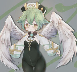 Rule 34 | 1girl, bad id, bad pixiv id, black bodysuit, blush, bodysuit, breasts, brown eyes, closed mouth, covered navel, feathered wings, genshin impact, glasses, green hair, grey background, groin, hair between eyes, hat, highres, long sleeves, risu (ritharte), semi-rimless eyewear, sleeves past wrists, small breasts, solo, sucrose (genshin impact), under-rim eyewear, white hat, white wings, wide sleeves, wings