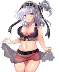 Rule 34 | 1girl, anchor symbol, bikini, black bikini, black headband, blush, breasts, clothes lift, clothes writing, collarbone, cowboy shot, eriyama e, hair ornament, headband, highres, kantai collection, large breasts, looking at viewer, medium hair, messy hair, navel, one side up, open mouth, purple eyes, sarong, sarong lift, silver hair, simple background, skindentation, solo, standing, suzutsuki (kancolle), swimsuit, upper body, white background