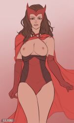 Rule 34 | 1girl, breasts, breasts out, brown hair, cloak, elbow gloves, gloves, highres, kalruna, leotard, marvel, medium breasts, red cloak, red eyes, red gloves, scarlet witch