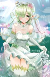 Rule 34 | 1girl, absurdres, aoi (princess connect!), bare shoulders, blush, breasts, bridal veil, chokomin, clothes lift, commentary request, dress, dress lift, elbow gloves, elf, gloves, green eyes, grey hair, highres, medium breasts, pointy ears, princess connect!, short hair, solo, thighhighs, veil, wedding dress