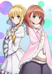 Rule 34 | 10s, 2girls, aldnoah.zero, asseylum vers allusia, blonde hair, blush, breasts, brown hair, dress, dual persona, frills, fur trim, green eyes, hairband, hand on own chest, hands on own chest, huyumitsu, jewelry, long hair, multiple girls, necklace, poncho, puffy sleeves, scarf, short hair, skirt, smile, wide sleeves
