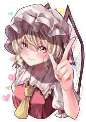 Rule 34 | 1girl, absurdres, blonde hair, breasts, closed mouth, collared shirt, eyebrows hidden by hair, flandre scarlet, frilled shirt collar, frilled sleeves, frills, hair between eyes, hat, hat ribbon, heart, highres, index finger raised, looking at viewer, mahoro (minase mahoro), mob cap, nail polish, necktie, orange eyes, puffy short sleeves, puffy sleeves, red nails, red ribbon, red vest, ribbon, shirt, short sleeves, simple background, small breasts, smile, solo, touhou, vest, white background, white hat, white shirt, wings, yellow necktie