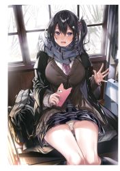 Rule 34 | 1girl, absurdres, bag, black hair, blush, breasts, buttons, cellphone, coat, hair ornament, hair scrunchie, hand up, highres, holding, kakao (chocolate land), large breasts, long hair, looking at viewer, melonbooks, necktie, panties, pantyshot, phone, ponytail, purple eyes, scan, scarf, school bag, school uniform, scrunchie, side ponytail, simple background, sitting, skirt, smile, solo, underwear, winter, winter clothes, winter coat