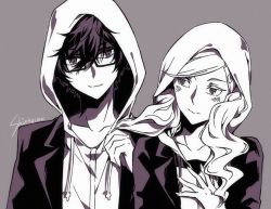 Rule 34 | 10s, 1boy, 1girl, amamiya ren, artist name, blush, collarbone, glasses, greyscale, hair ornament, hairclip, hood, hoodie, looking at another, monochrome, persona, persona 5, shinkusora, smile, takamaki anne, twintails