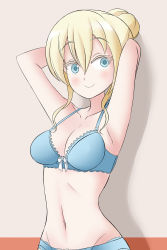 Rule 34 | 10s, 1girl, absurdres, armpits, arms behind head, arms up, asobi asobase, blonde hair, blue bra, blue eyes, blue panties, blush, bow, bow bra, bow panties, bra, breasts, cleavage, closed mouth, collarbone, female focus, frilled bra, frills, groin, hair between eyes, hair bun, happy, highres, looking to the side, lucyfer, medium breasts, navel, olivia (asobi asobase), panties, simple background, single hair bun, smile, solo, standing, underwear, underwear only
