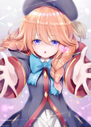 Rule 34 | 1girl, :o, absurdres, beret, black hat, blue bow, blush, bow, braid, coat, hair between eyes, hands up, hat, heart, highres, hood, hood down, hooded coat, long hair, long sleeves, looking at viewer, open mouth, orange hair, parted lips, princess connect!, purple eyes, reaching, reaching towards viewer, solo, takemura kou, twin braids, yuni (princess connect!)