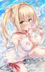 Rule 34 | 1girl, ahoge, ass, bare shoulders, bikini, blonde hair, blush, bracelet, breast hold, breasts, butt crack, cleavage, collarbone, commentary request, criss-cross halter, earrings, fate/grand order, fate (series), fingernails, food, from above, green eyes, hair between eyes, hair intakes, halterneck, holding, holding food, jewelry, large breasts, long hair, looking at viewer, looking up, marisasu (marisa0904), nail polish, nero claudius (fate), nero claudius (fate) (all), nero claudius (swimsuit caster) (fate), nero claudius (swimsuit caster) (third ascension) (fate), nose blush, popsicle, red nails, see-through, side-tie bikini bottom, sidelocks, sitting, solo, striped bikini, striped clothes, swimsuit, twintails, wariza, water