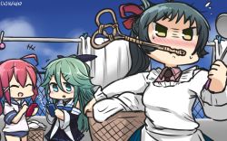 Rule 34 | 10s, 3girls, ahoge, angry, apron, aqua eyes, aqua hair, bare shoulders, black ribbon, blouse, blue skirt, blush, breasts, brown necktie, cellphone, clenched hand, closed eyes, commentary, day, detached sleeves, green hair, hair between eyes, hair ribbon, hamu koutarou, highres, i-168 (kancolle), irako (kancolle), kantai collection, kappougi, long hair, medium breasts, multiple girls, necktie, open mouth, outdoors, phone, pink hair, pink shirt, pleated skirt, ponytail, ribbon, school uniform, serafuku, shirt, skirt, sky, smartphone, sweatdrop, swimsuit, swimsuit under clothes, translation request, very long hair, yamakaze (kancolle), yellow eyes