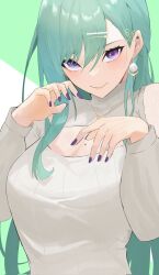 Rule 34 | 1girl, blush, breasts, cleavage, cleavage cutout, clothing cutout, earrings, green hair, hair behind ear, hair ornament, hairclip, highres, jewelry, large breasts, long hair, long sleeves, looking at viewer, meme attire, mochigome (kari), mole, mole on breast, necklace, official alternate costume, open-chest sweater, pom pom (clothes), pom pom earrings, purple eyes, purple nails, ribbed sweater, solo, sweater, swept bangs, turtleneck, upper body, very long hair, virtual youtuber, vspo!, white sweater, yakumo beni, yakumo beni (3rd costume)