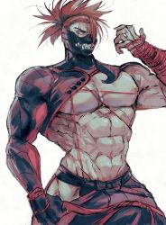 Rule 34 | 1boy, abs, bara, bare pectorals, brown hair, fate/grand order, fate (series), fuji den fujiko, hair over one eye, hakama, highres, hip vent, igote, japanese clothes, looking at viewer, male focus, mask, muscular, muscular male, pectorals, simple background, solo, tanaka shinbei (fate)