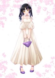 Rule 34 | 1girl, nanashi inc., absurdres, alternate costume, bag, black hair, blush, closed mouth, commentary request, demon girl, demon horns, detached sleeves, dress, full body, handbag, high heels, highres, holding, horns, kojo anna, long hair, looking at viewer, multicolored hair, pointy ears, puffy detached sleeves, puffy sleeves, purple footwear, purple hair, robou no stone, smile, solo, sugar lyric, sundress, two-tone hair, two side up, virtual youtuber, white dress, yellow eyes