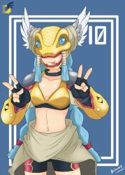 Rule 34 | 1girl, armor, blue hair, digimon, double v, head wings, highres, minervamon, tongue, tongue out, v, wings