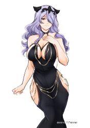 Rule 34 | 1girl, alternate costume, artist name, bare shoulders, black dress, breasts, camilla (fire emblem), cleavage, closed mouth, clothing cutout, commentary, dress, english commentary, fake horns, fire emblem, fire emblem fates, formal, hair ornament, hair over one eye, highres, horns, large breasts, long hair, meme attire, modakawa dress, nintendo, one eye covered, purple eyes, purple hair, sierra117renner, simple background, smile, solo, strapless, strapless dress, twitter username, wavy hair, white background