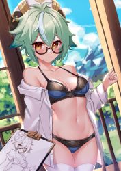Rule 34 | 1girl, absurdres, bare shoulders, beret, blue sky, blush, bra, breasts, commentary, day, drawing, english commentary, genshin impact, glasses, green hair, hat, highres, looking at viewer, medium breasts, multicolored clothes, multicolored panties, navel, off shoulder, open clothes, open shirt, orange eyes, panties, pout, semi-rimless eyewear, shirt, sky, solo, sucrose (genshin impact), sweetcheese, thighhighs, underwear, white shirt, white thighhighs