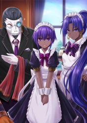 Rule 34 | 1boy, 2girls, alternate costume, apron, assassin (fate/zero), breasts, butler, dark-skinned female, dark skin, enmaided, fate/grand order, fate/prototype, fate/prototype: fragments of blue and silver, fate/zero, fate (series), female assassin (fate/zero), formal, frills, hairband, hassan of serenity (fate), hassan of the cursed arm (fate), haura akitoshi, long hair, looking at viewer, maid, maid apron, maid headdress, mask, medium breasts, monocle, multiple girls, necktie, ponytail, puffy short sleeves, puffy sleeves, purple eyes, purple hair, short hair, short sleeves, suit, tray, waist apron, wrist cuffs