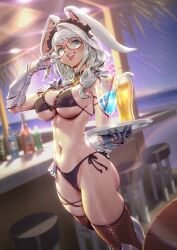 Rule 34 | animal ears, bikini, black bikini, blue eyes, blurry, blurry background, breasts, collar, commission, dutch angle, final fantasy, final fantasy xiv, fishnet thighhighs, fishnets, gauntlets, glasses, highres, holding, holding tray, kionaoki, large breasts, leotard, long hair, looking at viewer, maid headdress, navel, navel piercing, piercing, playboy bunny, praline cottonpaw, rabbit ears, skeb commission, swimsuit, thighhighs, tray, warrior of light (ff14), white hair