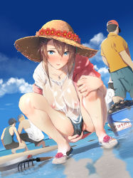 Rule 34 | 2girls, 3boys, absurdres, animal, beach, black hair, black shorts, blonde hair, blue eyes, blue sky, blush, breasts, brown hair, bucket, clothing aside, cloud, collarbone, crab, day, denim, denim shorts, dutch angle, eight tohyama, female pubic hair, flower, full body, hair between eyes, hair ornament, hairclip, hand on own knee, hat, hat flower, highres, hood, hooded jacket, jacket, jewelry, large breasts, looking at viewer, multiple boys, multiple girls, nail polish, necklace, nipples, no bra, no panties, off shoulder, open clothes, open jacket, open mouth, original, outdoors, partially visible vulva, pink jacket, pink nails, pubic hair, red flower, reflection, see-through, shell, shirt, short sleeves, shorts, shorts aside, sky, solo focus, spread legs, squatting, standing, straw hat, sweatdrop, unzipped, upshorts, water, wet, wet clothes, wet shirt, white shirt, yellow shirt