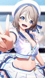 Rule 34 | 1girl, absurdres, amagi (volfuji), blue eyes, breasts, cleavage, hat, highres, light brown hair, looking at viewer, love live!, love live! sunshine!!, medium breasts, medium hair, open mouth, smile, solo, watanabe you