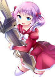 Rule 34 | 1girl, absurdres, aru (arudes), assault lily, belt, blue eyes, blush, bow, bowtie, collarbone, commentary request, commission, cowboy shot, frilled skirt, frilled sleeves, frills, hair bow, hands up, high-waist skirt, highres, holding, holding weapon, juliet sleeves, kanba girls high school uniform, leg up, long sleeves, looking at viewer, medium hair, miniskirt, open mouth, pink hair, puffy sleeves, red belt, red bow, red sailor collar, red shirt, red skirt, sadamori himeka, sailor collar, school uniform, serafuku, shirt, simple background, skeb commission, skirt, smile, solo, standing, standing on one leg, thighhighs, twintails, weapon, white background, white bow, white bowtie, white thighhighs, zettai ryouiki