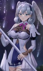 Rule 34 | 1girl, amayo thranana, blue eyes, braid, breasts, cape, crown braid, curly hair, dress, gloves, hat, head wings, highres, long hair, long sleeves, looking at viewer, medium breasts, melia antiqua, o-ring, short dress, simple background, smile, solo, staff, telethia (xenoblade), thighhighs, upper body, wings, xenoblade chronicles: future connected, xenoblade chronicles (series), xenoblade chronicles 1