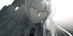 Rule 34 | 1girl, absurdres, arm up, black gloves, black necktie, blood, blood in hair, blood on clothes, chihuri, collared shirt, commentary request, gloves, grey background, grey eyes, grey hair, grey jacket, hair between eyes, highres, holding, holding knife, jacket, knife, long hair, looking at viewer, necktie, open clothes, open jacket, original, parted lips, shirt, simple background, solo, white shirt, zoya petrovna vecheslova