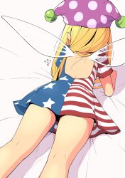 Rule 34 | 1girl, american flag, american flag dress, back, backless dress, backless outfit, bare legs, blonde hair, clownpiece, dress, fairy, fairy wings, feet out of frame, from behind, hat, huxiao (mistlakefront), jester cap, long hair, lying, on stomach, polka dot, polka dot headwear, purple hat, short dress, short sleeves, signature, solo, striped clothes, striped dress, thighs, touhou, very long hair, wings
