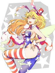 Rule 34 | 1girl, absurdres, adapted costume, american flag legwear, animal ears, ass, blonde hair, breasts, clownpiece, detached collar, fairy, fairy wings, fake animal ears, hair between eyes, hat, highres, ichizen (o tori), leotard, long hair, medium breasts, open mouth, pantyhose, pink eyes, rabbit ears, red hat, smile, solo, star (symbol), star print, strapless, strapless leotard, striped clothes, striped thighhighs, teeth, thighhighs, top hat, touhou, upper teeth only, wings