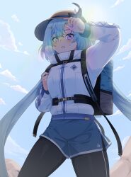 Rule 34 | 1girl, absurdres, arm up, backpack, bag, black flower, black pantyhose, blue hair, blue shorts, blue sky, breasts, brown hat, cloud, commentary, day, english commentary, estherart0, flower, griseo, griseo (cosmic expression), hat, hat flower, highres, holding strap, honkai (series), honkai impact 3rd, jacket, lens flare, long hair, long sleeves, outdoors, pantyhose, pantyhose under shorts, parted bangs, puffy long sleeves, puffy sleeves, purple eyes, short shorts, shorts, sky, small breasts, solo, very long hair, white jacket