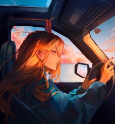 Rule 34 | 1girl, absurdres, blue jacket, car, car interior, chainsaw man, cloud, cloudy sky, collared shirt, demon girl, demon horns, driving, fingernails, from side, highres, horns, jacket, kozzz y, long hair, long sleeves, looking afar, motor vehicle, ocean, orange hair, parted lips, power (chainsaw man), puffy sleeves, shirt, sitting, sky, solo, steering wheel, sunset, upper body, white shirt