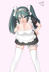 Rule 34 | 1girl, absurdres, alternate costume, apron, black dress, breasts, cleavage, dated, dress, enmaided, feet out of frame, frilled apron, frills, green eyes, grey hair, highres, isuzu (kancolle), kantai collection, large breasts, long hair, looking at viewer, maid, maid headdress, maru (marg0613), one-hour drawing challenge, simple background, solo, twintails, twitter username, white apron, white background