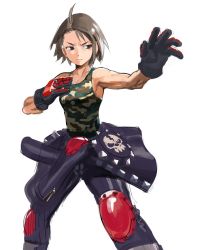 Rule 34 | &gt;:(, 1girl, absurdres, ahoge, armpits, black gloves, black pants, brown eyes, brown hair, camouflage, camouflage shirt, camouflage tank top, capcom, clothes around waist, collarbone, commentary, feet out of frame, fighting stance, gloves, highres, jacket, jacket around waist, justice gakuen, kazama akira, knee pads, legs apart, looking away, looking to the side, outstretched arm, pants, reaching, reaching towards viewer, shin guards, shirt, short hair, shoulder pads, simple background, skull print, sleeveless, solo, standing, street fighter, studded jacket, tank top, toned, unknownid, v-shaped eyebrows, white background, zipper, zipper pull tab