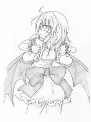 Rule 34 | 1girl, ahoge, ass, back bow, bat wings, bow, collared shirt, fang, fang out, frilled shirt, frilled shirt collar, frilled sleeves, frills, from behind, graphite (medium), greyscale, hair between eyes, hat, head tilt, highres, looking at viewer, looking back, marukyuu ameya, medium hair, monochrome, no headwear, no shoes, open mouth, pointy ears, puffy short sleeves, puffy sleeves, remilia scarlet, shirt, short sleeves, simple background, skin fang, skirt, socks, solo, touhou, traditional media, white background, wings, wrist cuffs