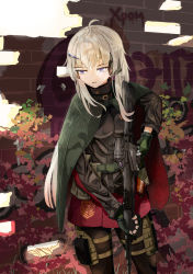 Rule 34 | 1girl, :o, absurdres, ak-74m, ak74m (girls&#039; frontline), ammunition belt, ammunition pouch, assault rifle, black pantyhose, blonde hair, breasts, camouflage, camouflage cloak, camouflage gloves, chrom 3201, cloak, feet out of frame, girls&#039; frontline, gloves, green cloak, green gloves, gun, hair ornament, headphones, headset, highres, holding, holding gun, holding weapon, holster, jacket, kalashnikov rifle, long hair, looking away, medium breasts, open mouth, pantyhose, pouch, purple eyes, red skirt, rifle, russian flag, russian text, serious, skirt, snowflake hair ornament, solo, standing, tactical clothes, weapon