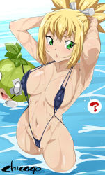 Rule 34 | 10s, 1girl, 2019, ?, areola slip, arms behind head, blonde hair, blue one-piece swimsuit, blush, breasts, cameltoe, chicago-x, cleavage, cleft of venus, collar, collarbone, confused, covered erect nipples, dr. stone, dripping, eyebrows, eyelashes, food, fruit, green eyes, happy, helmet, highres, kohaku (dr. stone), looking at viewer, medium breasts, nipples, one-piece swimsuit, outdoors, river, sidelocks, slingshot swimsuit, solo, standing, suika (dr. stone), swimsuit, thighs, water, watermelon, wet, wet hair