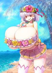 Rule 34 | 1girl, 2b-ge, alternate breast size, breasts, cleavage, commentary request, commission, fate/grand order, fate (series), flower, flower on head, gigantic breasts, hair flower, hair ornament, highres, kama (fate), kama (swimsuit avenger) (first ascension) (fate), light purple hair, ocean, pixiv commission, red eyes, sand, short hair, sky, solo, swimsuit, water